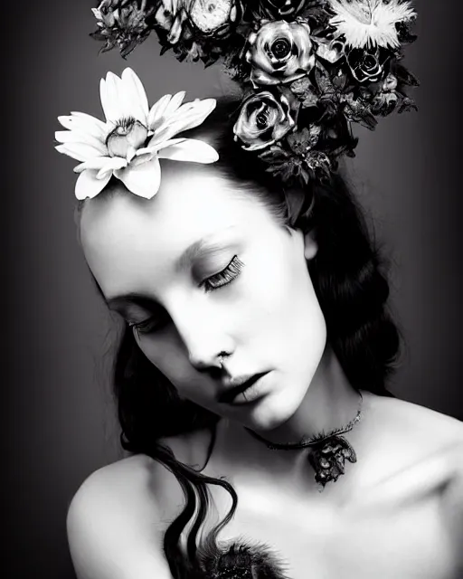 Image similar to a black and white high quality dreamy photo of a young beautiful female queen-pale dragon-vegetal-many big steampunk flowers-cyborg bust with a very long neck, elegant, highly detailed, poetic, soft, dreamy, mysterious, high fashion, rim light, in the style of Diane Arbus, Realistic, Refined, Digital Art, Highly Detailed, Cinematic Lighting, rim light, black and white, photo-realistic, 8K