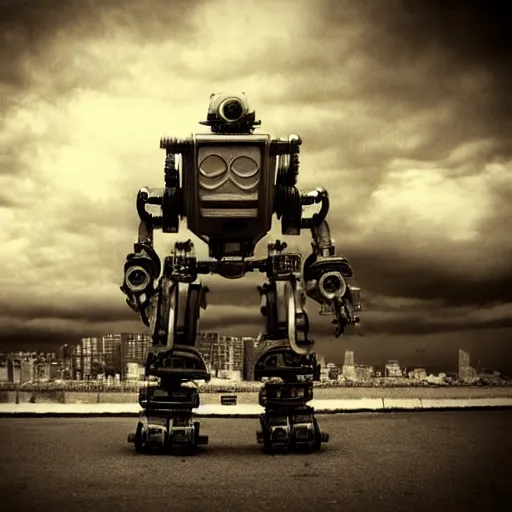 Image similar to highly detailed robot, dark dystopian city, dramatic clouds, instamatic photo, sepia