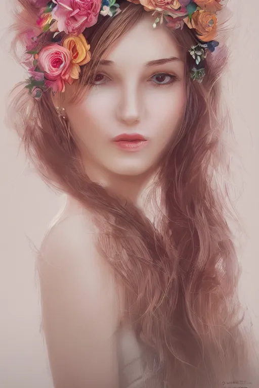 Image similar to beautiful woman with flowers in her hair, soft lighting, portrait, trending on artstation, portrait, closeup,