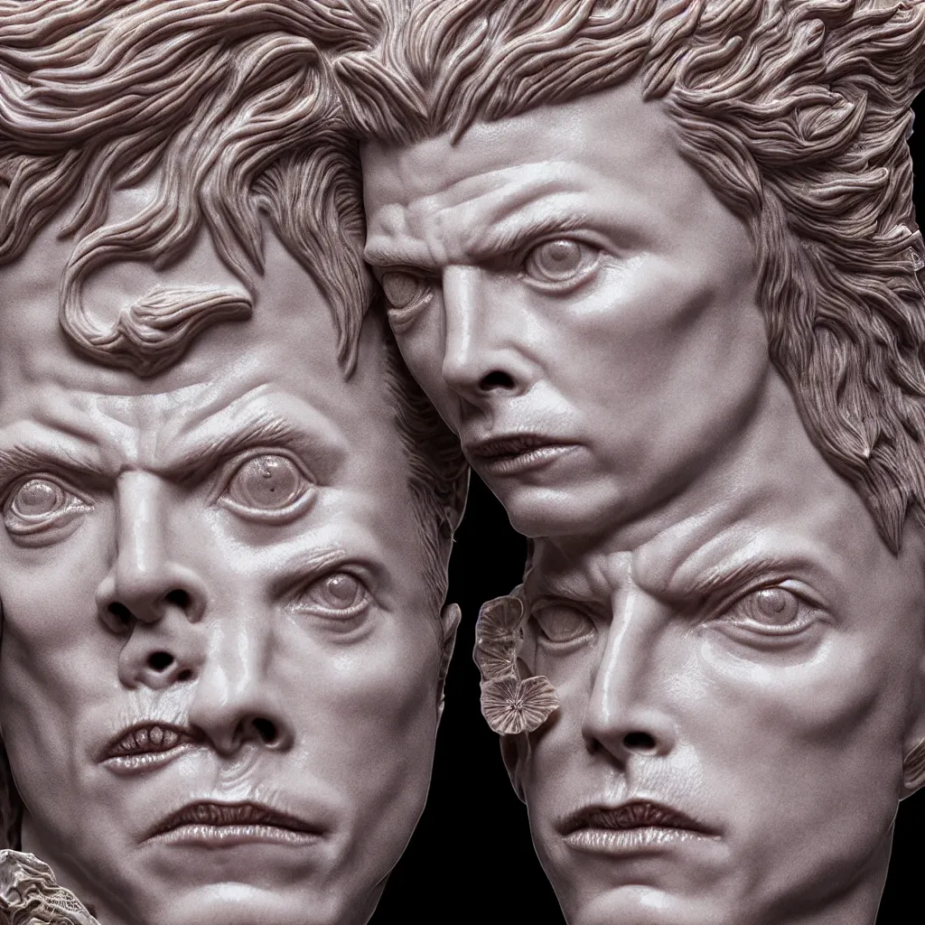 Image similar to David Bowie , A Close up photo-real delicate ceramic porcelain sculpture of a symmetrical ornate detailed in front of an intricate background by Victo Ngai and takato yamamoto, micro detail, backlit lighting, face in focus, subsurface scattering, translucent, thin porcelain, octane renderer, colorful, physically based rendering, japanese pottery, trending on cgsociety