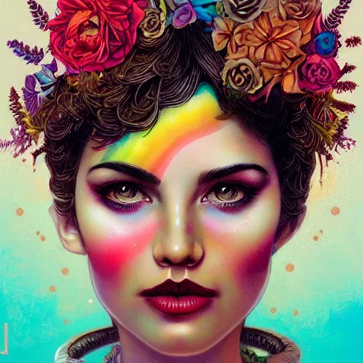 Image similar to Lofi magicpunk portrait beautiful woman with short brown curly hair, roman face, phoenix, rainbow, floral, Tristan Eaton, Stanley Artgerm, Tom Bagshaw