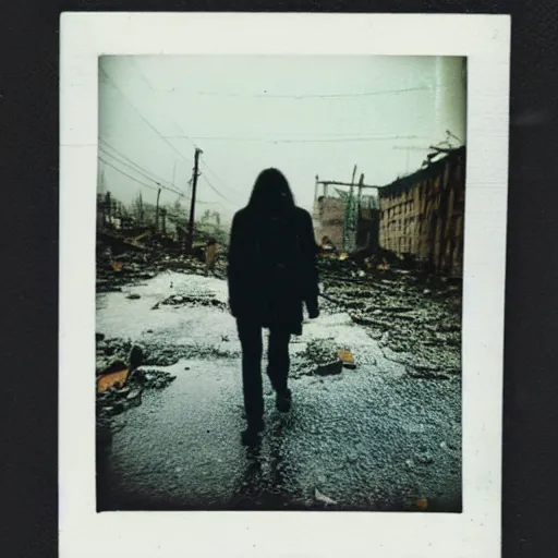 Prompt: old polaroid of a artificial intelligence walking on a destroyed city, rain, dark sky