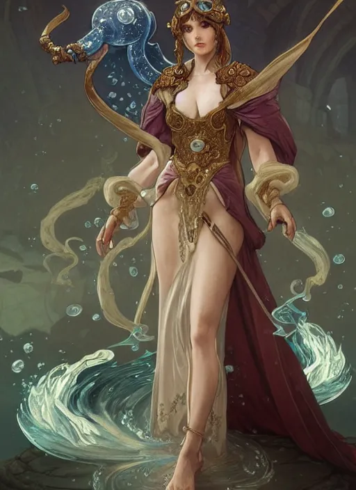 Image similar to summoner dressed in medieval gown with a cute water elemental, fantasy, intricate, elegant, highly detailed, digital painting, artstation, concept art, wallpaper, smooth, sharp focus, illustration, art by artgerm and greg rutkowski and alphonse mucha