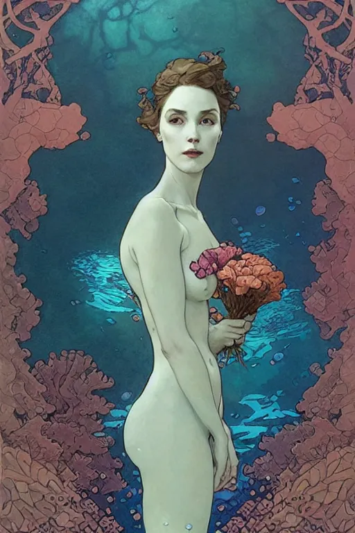 Image similar to profile portrait of a beautiful mysterious woman underwater, hidden hands holding a bouquet of flowers, corals and fish, by eve ventrue, michael carson, andreas rochas, john watkiss, casey weldon, artgerm. art nouveau. tarot card by mucha. gloomhaven. swirly intricate linework background. gaudy colors, sharp edges. octane render