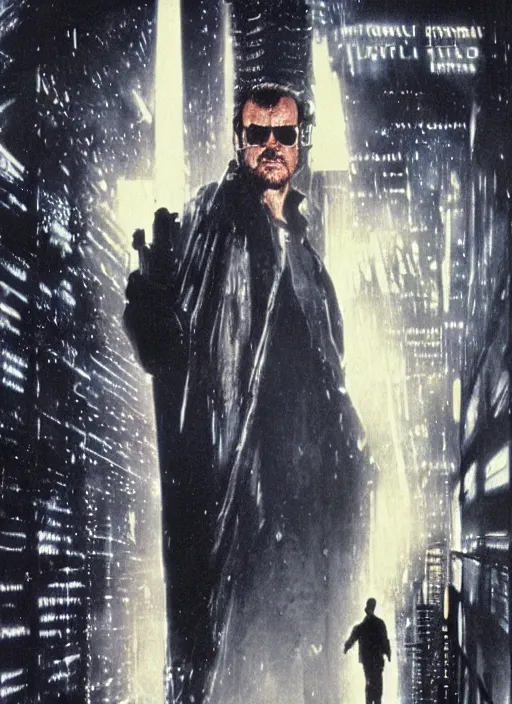 Image similar to 32 year old Jack Nicholson, instead of Harrison Ford, on the original movie poster of blade runner, 1982, movie poster, highly detailed, high quality,