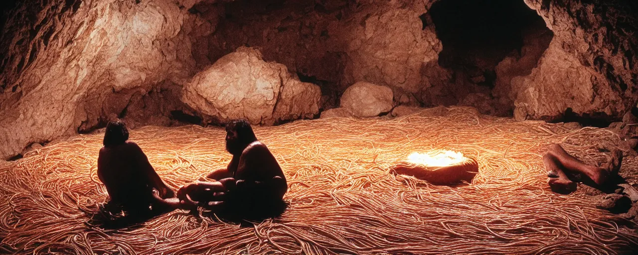 Image similar to a caveman sitting alone next to giant mound of spaghetti, fire in a cave at night, canon 5 0 mm, facial expression, cinematic lighting, photography, retro, film, kodachrome