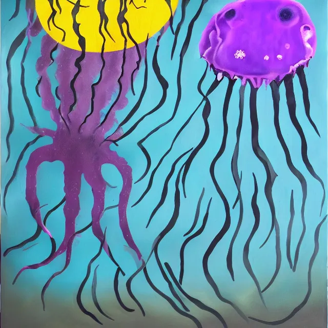 Prompt: violet jellyfish, black fish, stingray, grey coral, depression, neo - expressionism, surrealism, acrylic and spray paint and oilstick on canvas