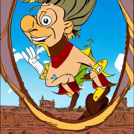 Prompt: caesar, roma, flying, old cartoon asterix style