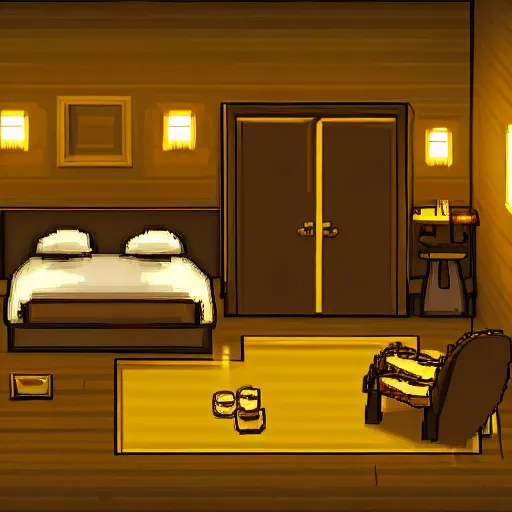 Prompt: rpg maker style bedroom, warm yellow lighting