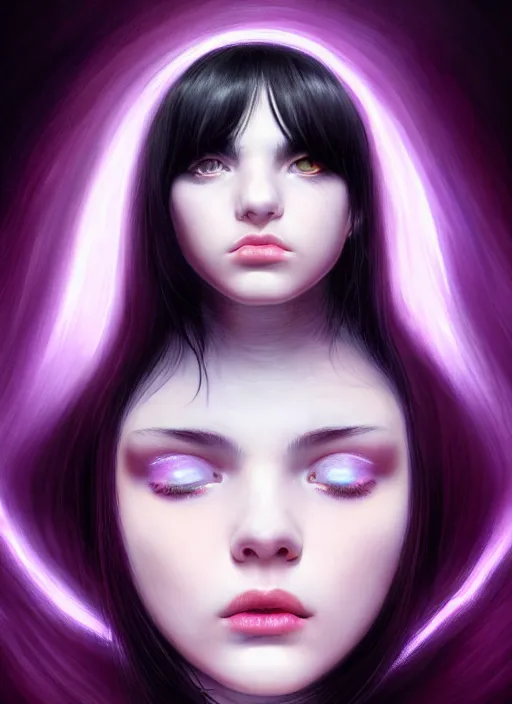 Image similar to portrait of teenage girl with white bangs, red irises, black hair, purple clothes, white bangs, bangs are different color from hair, intricate, front of hair is white rest is black, elegant, glowing lights, highly detailed, digital painting, artstation, concept art, smooth, sharp focus, illustration, art by wlop, mars ravelo and greg rutkowski