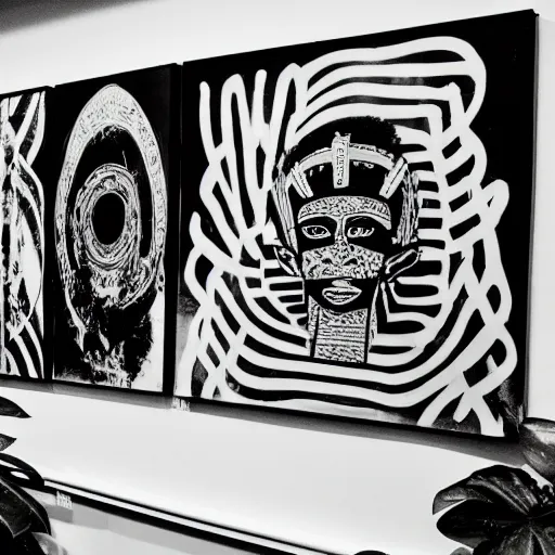 Image similar to A black and white photography in sérigraphie of an exhibition space with works of Sun Ra, Marcel Duchamp and tropical plants - W 1280