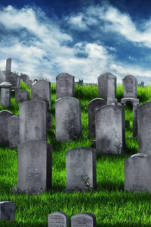 Prompt: realistic detailed photo of the windows xp bliss hills screensaver saturated cloudy blue skies with a graveyard, with many worn gravestones, hyper detailed, sigma 5 0 mm, flickr