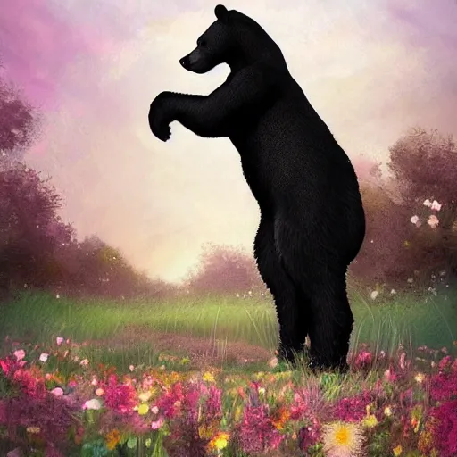 Image similar to girl riding a giant black bear in a field of flowers, trending on artstation