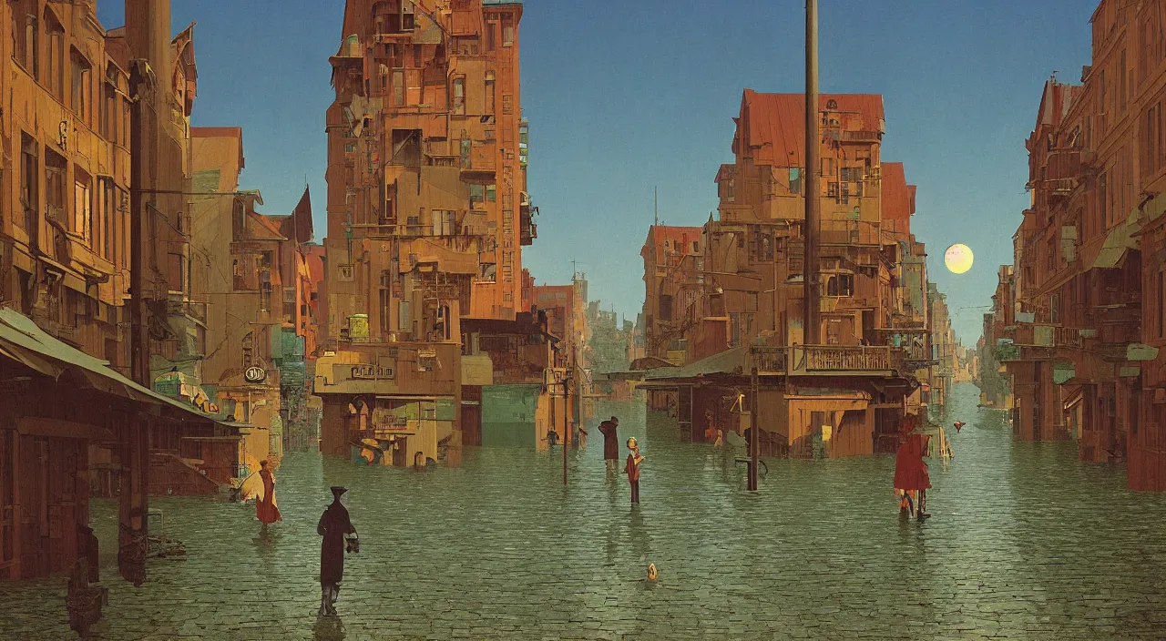 Image similar to single flooded simple wooden streets of a deserted city, very coherent and colorful high contrast!! masterpiece by rene magritte simon stalenhag carl spitzweg syd mead norman rockwell edward hopper james gilleard, minimalist, dark shadows, sunny day, hard lighting