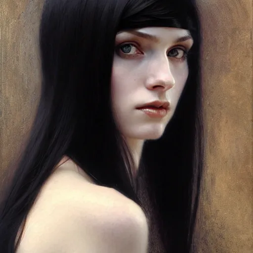 Image similar to Portrait of a beautiful, pale skin, female with long black hair, dark, piercing eyes, gentle expression, elegant clothing, photorealistic, highly detailed, artstation, smooth, sharp focus, art by Klimt, artgerm, Greg Rutkowski and Alphonse Mucha