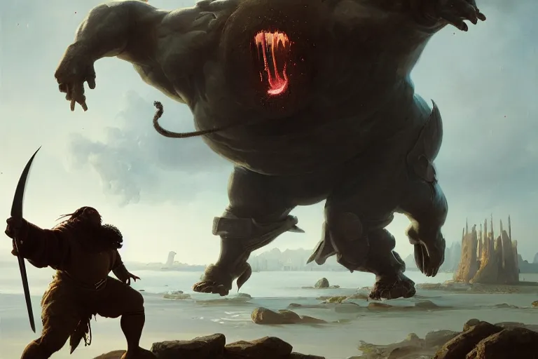 Prompt: a dynamic painting of a medieval man fighting a gigantic white fat monster, obese monstrosity fight by greg rutkowski, realism, ultra detailed, 8 k resolution