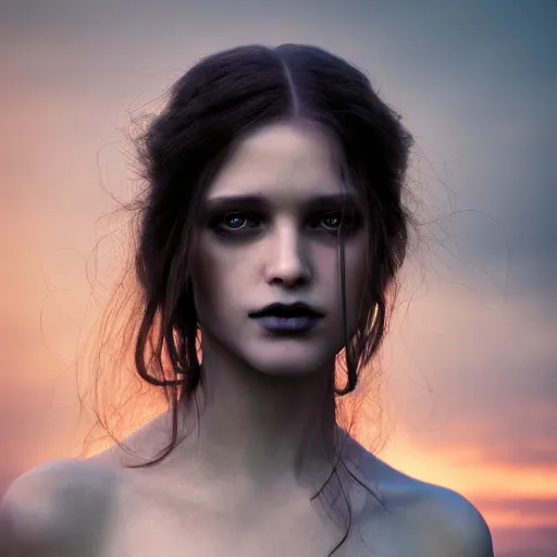 Prompt: portrait of a stunningly beautiful gothic female in soft dreamy light at sunset, by edward robert hughes, annie leibovitz and steve mccurry, david lazar, jimmy nelsson, breathtaking, 8 k resolution, extremely detailed, beautiful, establishing shot, artistic, hyperrealistic, beautiful face, octane render