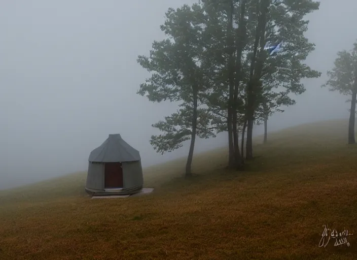 Image similar to a lone yurt on a hill overlooking the blue ridge mountains on a foggy morning