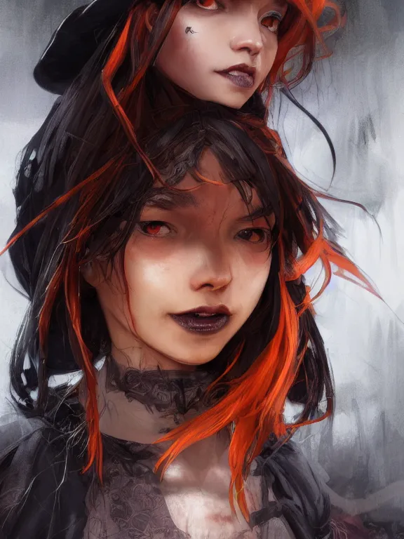 Prompt: Full shot of a mischievous young witch about to get up to some trouble. Latin American fashion. Black and Orange palette. Latina girl. brown skin. Symmetrical facial features. By Ruan Jia and Artgerm and Range Murata and WLOP. Key Art. Fantasy Illustration. award winning, Artstation, intricate details, realistic, Hyperdetailed, 8k resolution.