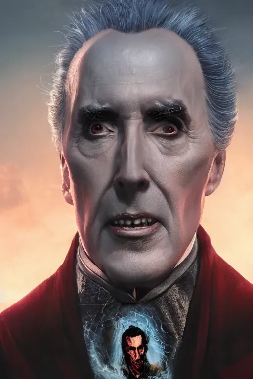 Prompt: Christopher Lee in Horror of Dracula, half-body portrait, magical, sunrise, blue mist, digital art, octane render, trending on artstation, artstationHD, artstationHQ, unreal engine, 4k, 8k