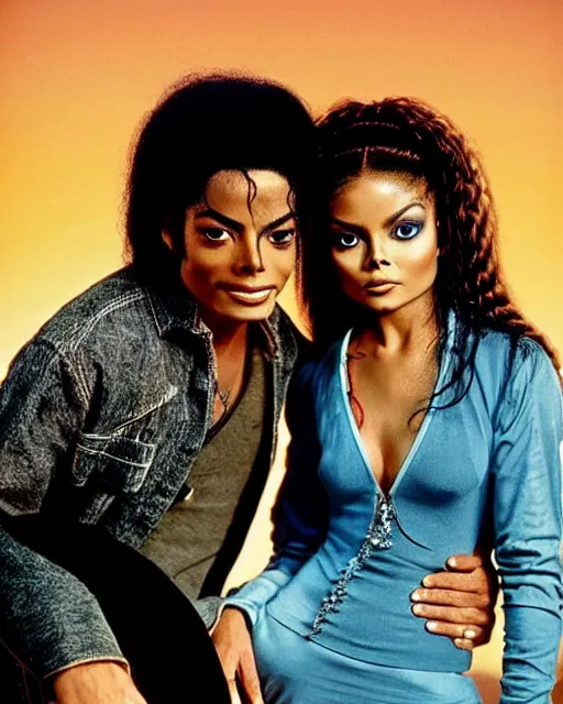 Prompt: pre plastic surgery michael jackson, as luke sky - walker, with janet jackson as princess lie, studio lighting, star wars themed, beautiful tunisian desert at sunset, michael jackson is normal looking and has had no work done to his face, photoshoot in the styled of annie leibovitz