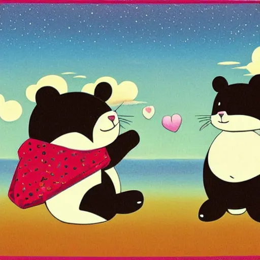 Prompt: cartoon bear and cat in love, by Chiho Aoshima