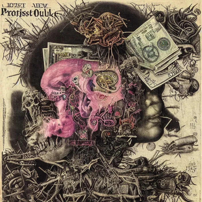 Image similar to post - punk new age album cover, asymmetrical design, dollar bank notes, capitalism, magic, apocalypse, psychedelic, black white pink, highly detailed, magic, giger h. r., giuseppe arcimboldo