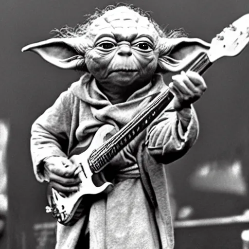 Image similar to yoda performing at woodstock in the year 1969 with a flaming guitar on stage, hyper realistic, 8k, real, photo