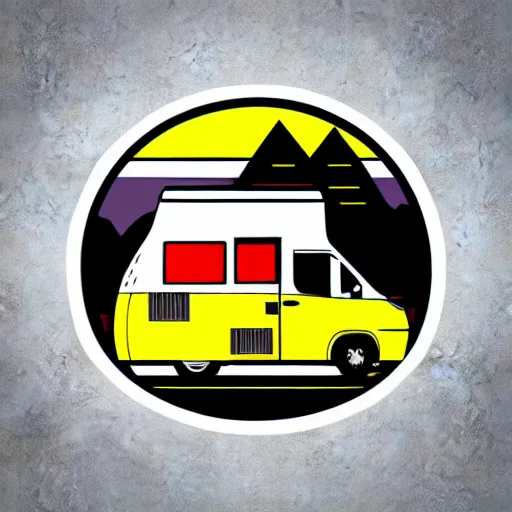 Image similar to vector art of a white and black cute thor chateau! motorhome camper!!, highway, mountains and colorful sunset!!, very very happy, dramatic motion, warm colors, crisp lines, very minimal vector art, sticker!! by tom whalen