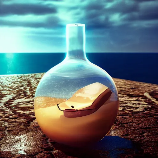 Image similar to a human head in a bottle, on the ocean water, surreal, 3 d art, 3 d render, futuristic, glowing, hyper realistic, ray tracing, realistic water splashes, sharp focus, long shot, 8 k resolution, cinematic, photoshop art