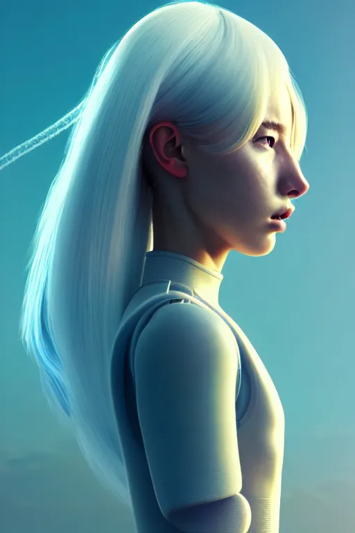 Prompt: profil android women running, scifi, futuristic design, bae suzy, long white hair, character design, cinematic lighting, highly detailed, by beeple, goro fujita, smooth gradient.