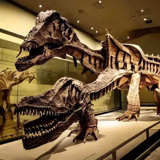 Image similar to The fossilized remains of the Dinobots in a natural history museum