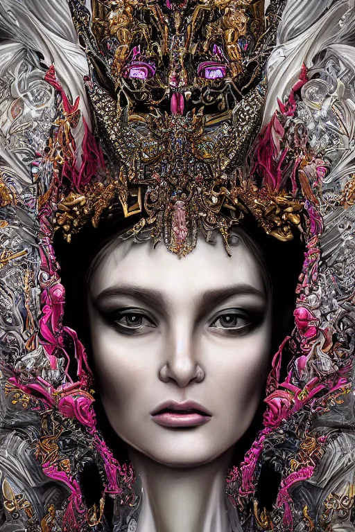 Image similar to hyper-realistic ultra-detailed maximalist and dramatic elegant luxury beautiful young empress portrait by igor goryunov and patricio clarey inspired by andrei riabovitchev and heidi taillefer Rendered by binx.ly 8k. Generative art. Fantastic realism. Scifi feel. Extremely Ornated. Intricate and omnious. Tools used: Blender Cinema4d Houdini3d zbrush. Unreal engine 5 Cinematic. Beautifully lit. No background. artstation. Deviantart. CGsociety.