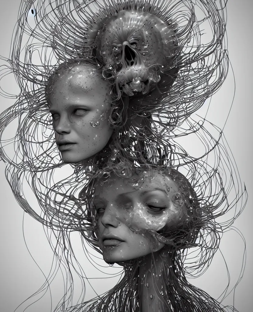 Image similar to close-up portrait of the face of a beautiful princess in a twisted flowers jellyfish mask surrounded by energy flow, epic angle and pose, symmetrical artwork, 3d with depth of field, blurred background, floating jellyfish skull phoenix bird, translucent, nautilus, energy flows of water and fire. a highly detailed epic cinematic concept art CG render. made in Maya, Blender and Photoshop, octane render, excellent composition, cinematic dystopian brutalist atmosphere, dynamic dramatic cinematic lighting, aesthetic, very inspirational, arthouse. y Greg Rutkowski, Ilya Kuvshinov, WLOP, Stanley Artgerm Lau, Ruan Jia and Fenghua Zhong