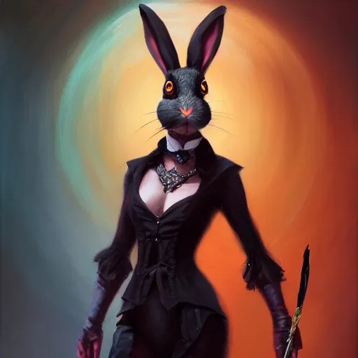 Image similar to oil painting of a rabbit dressed like a female stage magician holding a magic wand, urban fantasy art by seb mckinnon, artstation npc character design, top - rated