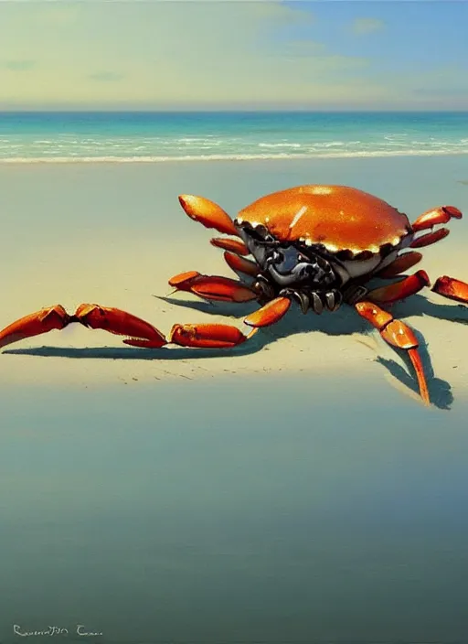 Prompt: a small crab on a sunny beach, extremely detailed oil painting, rhads, sargent and leyendecker, savrasov levitan polenov, bruce pennington, studio ghibli, tim hildebrandt, digital art, landscape painting, trending on artstation, masterpiece