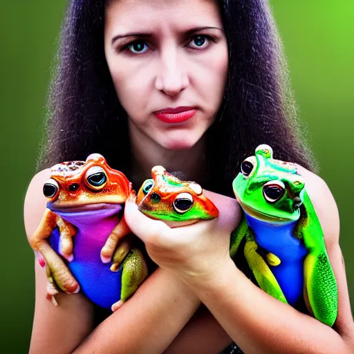 Image similar to Woman with Frogs, sharp focus colorful realistic photograph