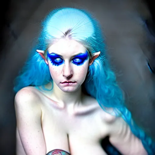Prompt: A stunningly beautiful high key studio portrait adorable young curvy elven princess with Steve McCurry blue eyes. by Suicide Girls. Pale skin. Dramatic makeup.