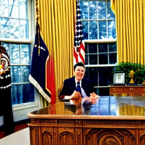 Image similar to a minion with president ronald reagan, zoom photograph, oval office,