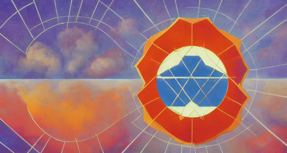 Prompt: solar sail in the shape of a hexagon between the sun and earth, art deco painting