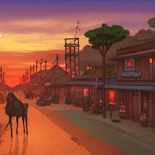 Image similar to a western town at sunset illustration of a picture of a western town at sunset royalty, a digital rendering by Studio Ghibli, shutterstock contest winner, ashcan school, 2d game art, playstation 5 screenshot, matte drawing