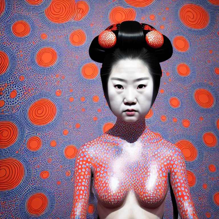 Image similar to hyperrealistic detailed image of a geisha in a art installation room, hd smooth interior by yayoi kusama, part by kei mieno, part by ross tran, dark art by james jean, ultra realistic, highly detailed, life like face, detailed body, 8 k, 3 d render by roger magrini, very cohesive, masterpiece