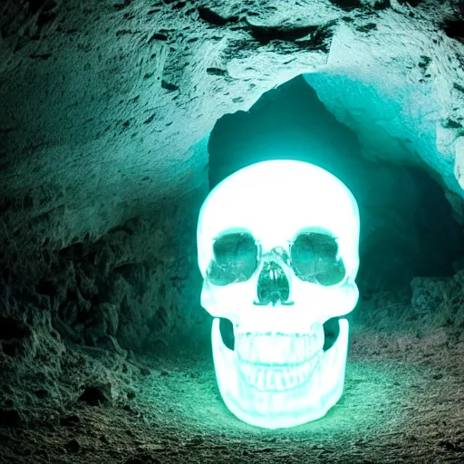 Image similar to a large translucent skull blocking the entrance to a cave emanating a blue glow, subsurface scattering, volumetric light, caustic reflection, adventure mystery cave