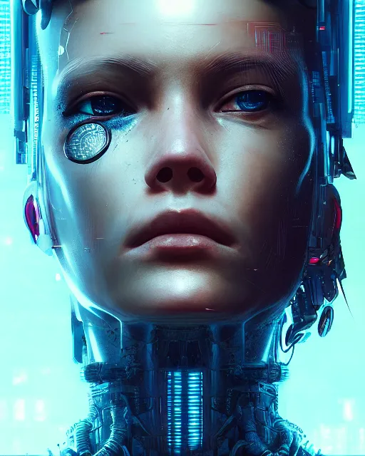 Image similar to portrait of a cyberpunk cyborg. sci - fi, intricate abstract upper body intricate, wlop, concept art, octane render, deviantart, greg rutkowski, cinematic, key art, hyperrealism,