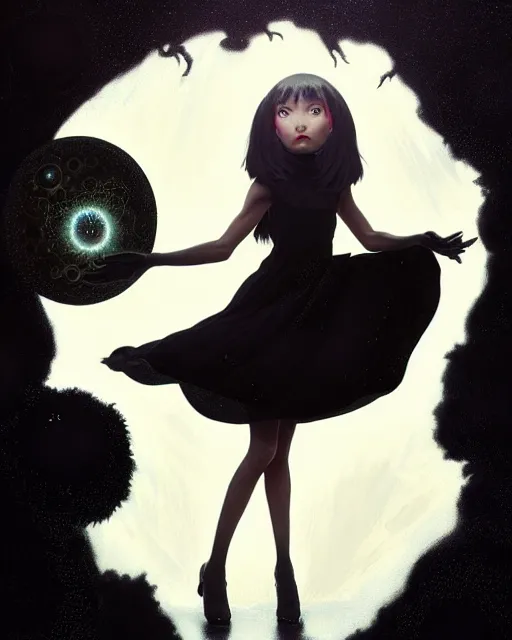 Image similar to high angle picture of a black dress witch researching about the azathoth, model pose, very brightening eyes, huge magic circles on the hand, magic and fantasy, extremely beautiful and aesthetic and detailed cute face, specular reflection, occlusion shadow, intricate, masterpiece, by ilya kuvshinov and jeremy lipking and quentin mabille