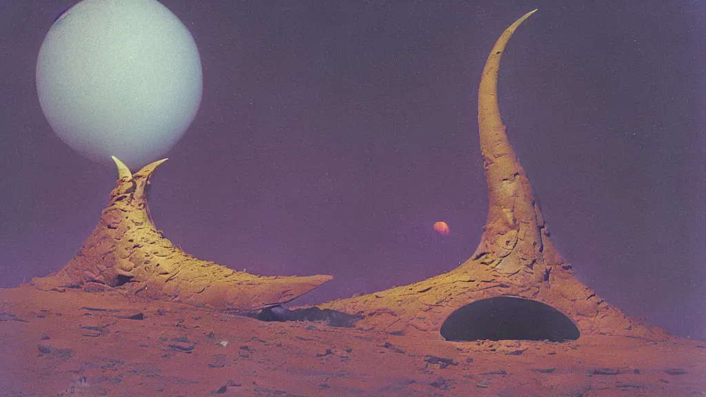 Image similar to mysterious sculpture of an alien crescent moon by paul lehr and john schoenherr, cinematic matte painting