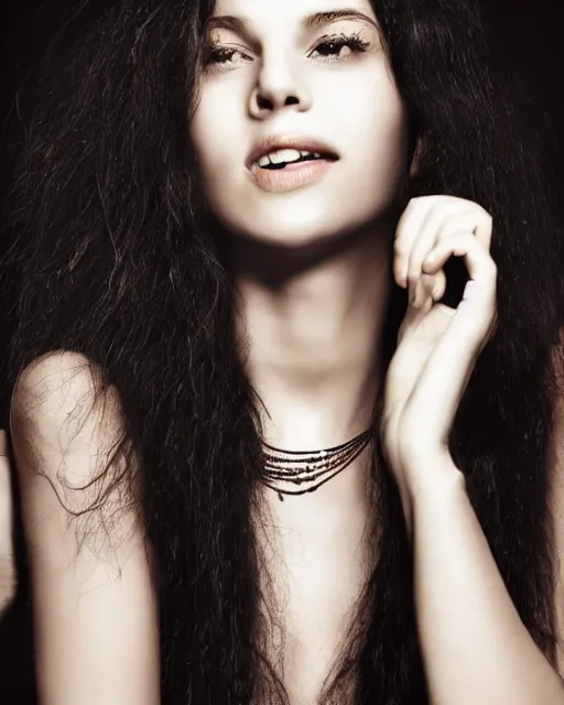 Image similar to a portrait of a beautiful Young female with long disheveled black hair, beautiful and smiling, sweet looks, white skin and reflective eyes, black tank top, black leather shiny jeans, an ankh necklace white colors in the background, by David Lazar and Annie Leibovitz 500px photos, top cinematic lighting , cinematic mood, very detailed, shot in canon 50mm f/1.2