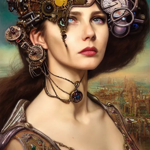 Image similar to Head and shoulders masterpiece portrait of Lana Rhoades as a steampunk beautiful goddess, she half human and half robot, she is embellished with few gears wheels and gemstones, by William Holman Hunt, Greg Rutkowski, Stanely Artgerm, Tooth Wu, Peter Gric, Aaron Horkey, trending on Artstation, digital art, mythological, symmetrical artwork, cinematic lighting, hyper realism, high detail, octane render, ultra realistic, golden ratio, 4k, 8k