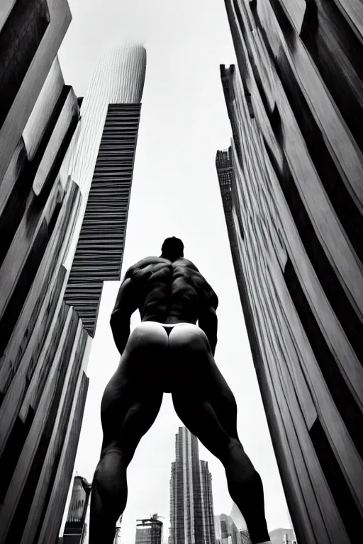 Prompt: hairy muscly very pale man larger than skyscrapers wearing tight white shorts walks around the city, low angle shot, photography, highly detailed, award winning photography, 4 k, highly detailed, trending on artstation