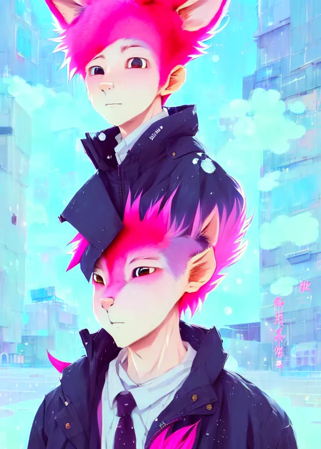 Image similar to portrait of a cute male anime boy with pink hair and pink wolf ears and freckles stylish clothes in a city | | highly detailed digital art painting by cory loftis, fenghua zhong, ryohei hase, ismail inceoglu and ruan jia. artstation, pinterest, volumetric lighting, subsurface scattering, photorealistic, octane render, random artists